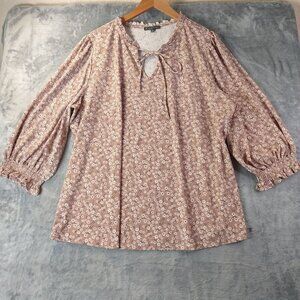 Adrianna Papell Womens 2X Pink Floral Peasant Blouse Cottagecore Boho Flowy‎